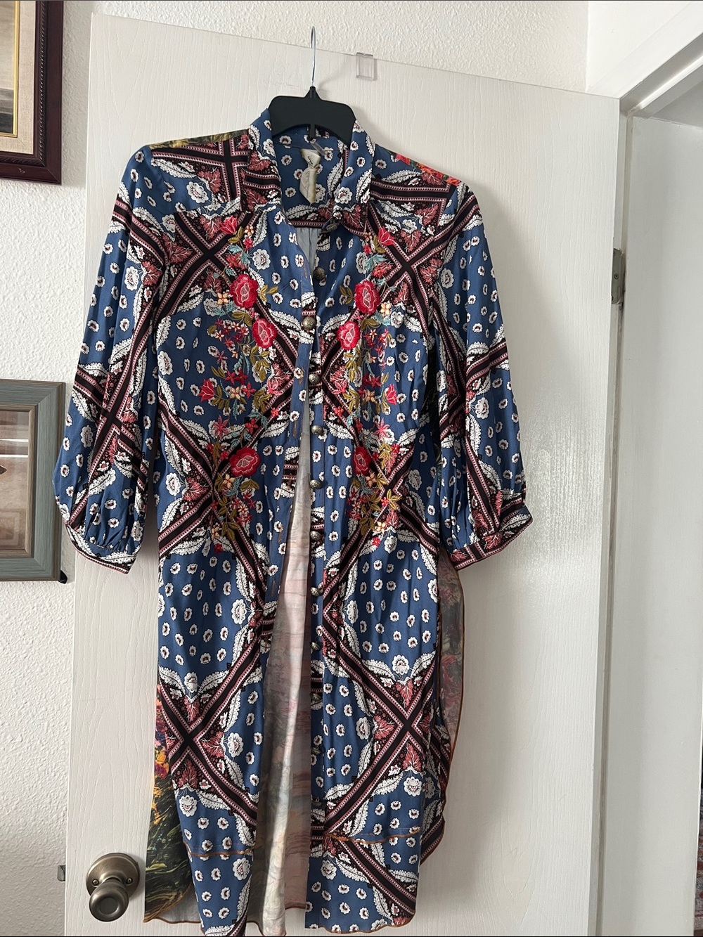 Embroidered Blue Floral Trench Kimono